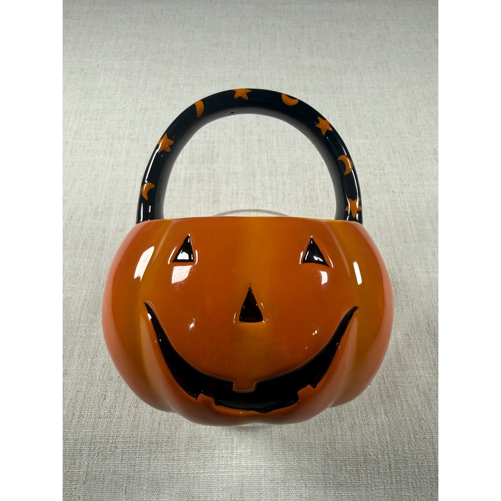 Halloween Ceramic Jack O Lantern Pumpkin Candy Basket Orange Black Stars Fall